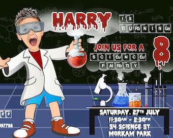 Science Birthday Party Invitation for boy or girl-Personalized with your photo, Mad Science Invitation, Science Party, caricature scientist