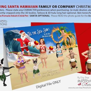 Surfing Santa Family Holiday Karte, Hawaii Weihnachtskarte, Hulu Girls, Beach Christmas, Tropical Weihnachtskarte, Santa in Hawaii, Summer Xmas