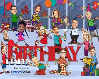 Group Birthday from all of us card, Boss birthday card, Custom birthday card, Boss day Company Birthday Card, Group Office caricature card