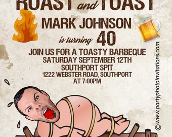 Roast and Toast Birthday Invitation, Adult 21st 30th 40th 50th 60th,Male funny birthday invitation, Beers and Cheers, saloon, caricature