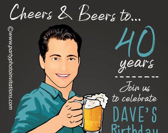 Man's Birthday Party Invitation,30th 40th 50th 60th any age, Male funny birthday invitation, Beers and Cheers, saloon, caricature