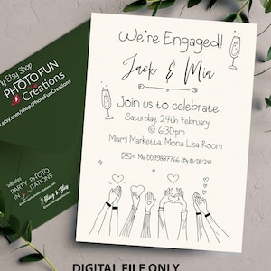 Plantilla de invitación a fiesta de compromiso dibujada a mano, ilustraciones de garabatos, invitaciones de compromiso de garabatos, invitación de compromiso dibujada a mano