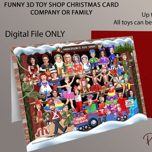 FUNNY TOY SHOP kerstkaart, bedrijfskerstkaart, speelgoedvakantiekaart, 3D-speelgoedbedrijfskaart, poppenkerstkaart, fotokaart grote groep