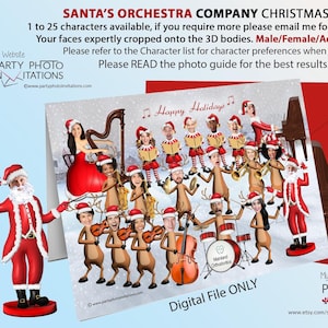 Santa's Orchestra Corporate kerstkaart, 3D Company kerstkaart, grappige rendieren kerstkaart, Elf Choir karikatuur, grote groep Xmas