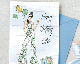 Fashion Birthday Card - Personalized Digital Illustration - Watercolor Style, Custom Text Options, Printable Gift