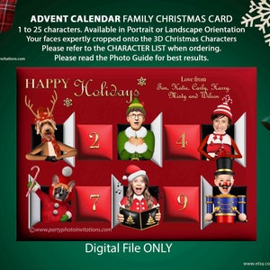 Puede incluir: Una tarjeta de Navidad digital de calendario de Adviento con el texto "Felices Fiestas". La tarjeta presenta varios personajes, incluyendo un perro con cuernos de reno, un elfo y una persona con un gorro de Pap&aacute; Noel. La tarjeta est&aacute; disponible en orientaci&oacute;n vertical u horizontal.