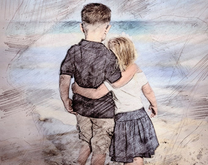 Dessin à partir d’une photo, Portrait de famille, Croquis au crayon, Aquarelle, Art personnalisé, Art photo, Image dans l’art, Cadeau personnalisé, Portrait personnalisé