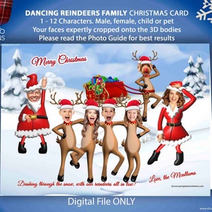 Natal de renas dançantes 3d, cartão de natal de família com foto, cartão de férias com foto de família, cartão de férias de família sr. e sra. claus, caricatura de natal
