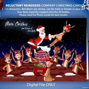 Lustige 3D Rentier FIRMA FOTO WEIHNACHTEN Karte, lustige Weihnachtskarte des 3D Unternehmenscharakters, widerstrebende Rentierkarikatur Weihnachtskarte,
