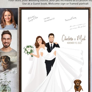Novio llevando retrato personalizado de la novia, ilustración de la novia y el novio, retrato de boda personalizado, retrato de pareja, tablero de inicio de sesión, pareja de dibujos animados