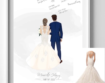 Wedding Guest Book Alternative, Portrait couple illustration, cartoon drawing, Anniversary gift, Back-View Wedding Dress, Custom Portrait