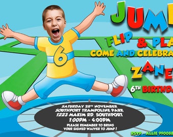 Trampoline Bounce House Birthday Party Invitation for BOY - Personalized with your photo DIGITAL FILE, bounce house invitation , sky zone