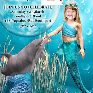 MERMAID Invitation, turn your daughter into a REAL mermaid, Mermaid PHOTO Invitation, Under The Sea Invitation, Little Mermaid, Ariel Bday