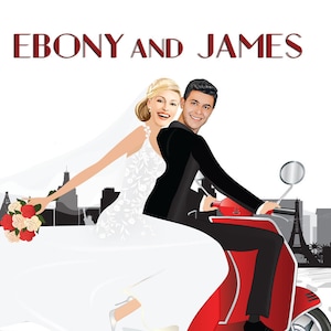 Custom Wedding portrait, Just married, Destination Wedding invitation, Couple on Motorcycle, Couple Wedding illustration, Engagement Gift