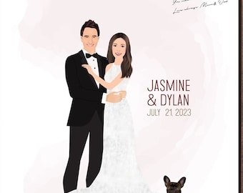 May include: A white canvas with a brown frame, featuring a cartoon illustration of a couple in wedding attire, a dog, and the text "JASMINE & DYLAN JULY 21, 2023".