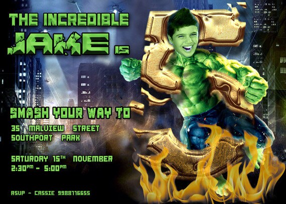 HULK BOYS PARTY Invitation, Turn your boy into Hulk! Incredible Hulk Birthday Invitation, Hulk Party, Superheroes, Custom Photo Hulk, Smash Il_570xn
