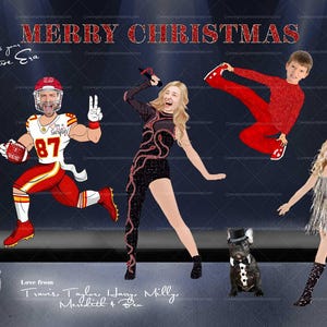 Niestandardowe zdjęcie świątecznej rodzinnej karty świątecznej, kabaret Xmas, Twoje twarze przycięte do postaci z kreskówek, kreskówka świąteczna karta