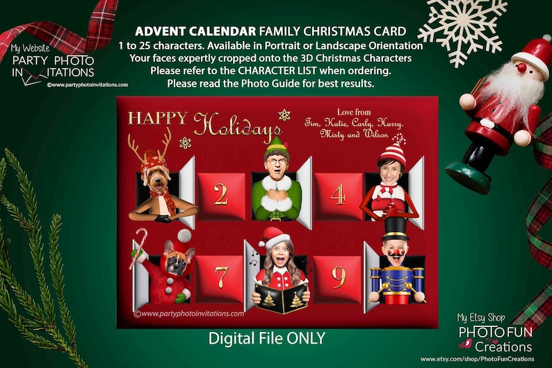 Puede incluir: Una tarjeta de Navidad digital de calendario de Adviento con el texto "Felices Fiestas". La tarjeta presenta varios personajes, incluyendo un perro con cuernos de reno, un elfo y una persona con un gorro de Pap&aacute; Noel. La tarjeta est&aacute; disponible en orientaci&oacute;n vertical u horizontal.