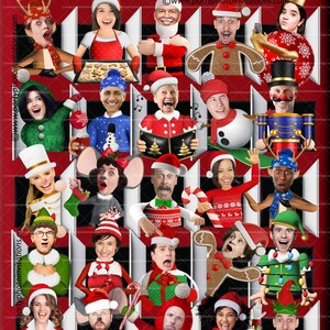 Puede incluir: Un collage festivo con tem&aacute;tica navide&ntilde;a con varias personas vestidas con disfraces navide&ntilde;os. La imagen presenta el texto "MERRY Christmas" y "From all of us at Wilson Electronics". El fondo es rojo con rayas blancas y negras.