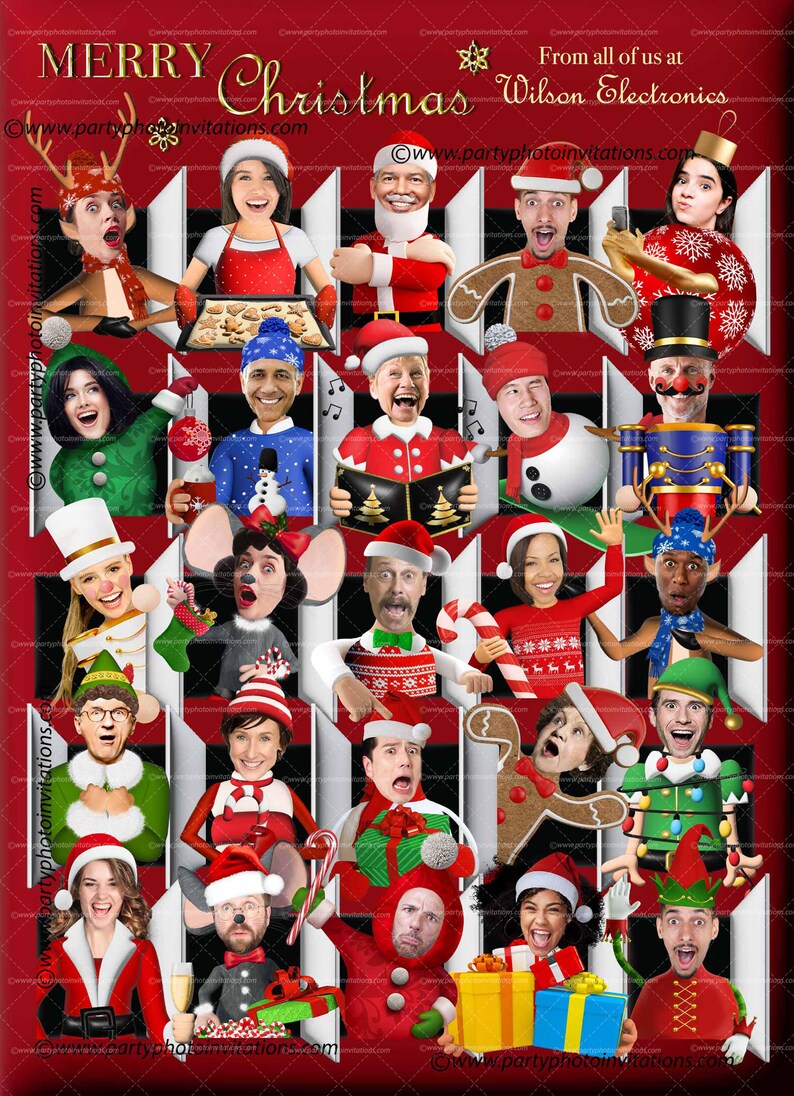 Puede incluir: Un collage festivo con tem&aacute;tica navide&ntilde;a con varias personas vestidas con disfraces navide&ntilde;os. La imagen presenta el texto "MERRY Christmas" y "From all of us at Wilson Electronics". El fondo es rojo con rayas blancas y negras.