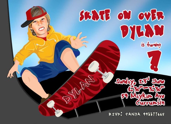 Personalize Skater Party Invitation, Skateboard Birthday Invite,,Skateboard Party,,Skateboard Invitation,,Custom Face Invite,Boys party Il_570xn