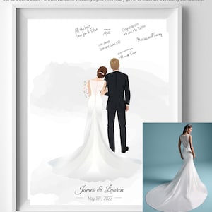 Alternativa al libro de visitas de boda, Ilustración de pareja de retratos, dibujo de dibujos animados, Regalo de aniversario, Vestido de novia con vista posterior, Retrato personalizado