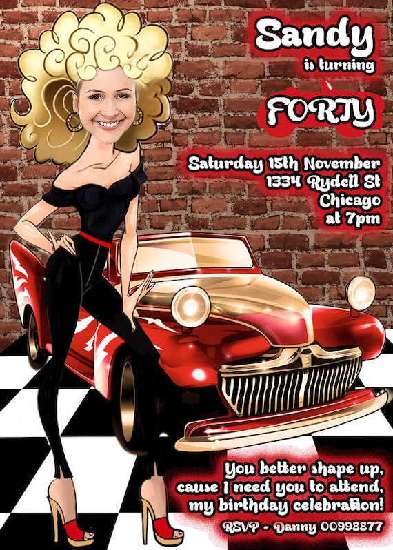 50's Birthday Invitation, Birthday caricature, Women's Birthday. Retro 50s Party, Grease inspired Theme, 1950's Party Invitation Il_570xn
