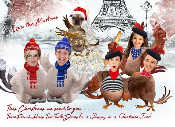 Funny family Photo Christmas Card, caricature Christmas card, 3 french hens, 2 turtle doves, partridge in a pear tree, 12 days of Christmas Il_570xn