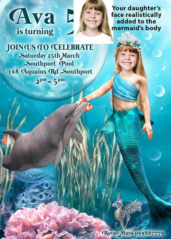 MERMAID Invitation, turn your daughter into a REAL mermaid, Mermaid PHOTO Invitation, Under The Sea Invitation, Little Mermaid, Ariel Bday Il_570xn