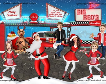 3D Big Reds diner, 1950s Retro drive-in, Retro diner, Retro FAMILY Christmas card, Funny Family Christmas Card, Roller skating waitress,