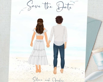 CUSTOM Save the Date card, couple on beach, couple in love, Custom couple portrait, couple walking on beach