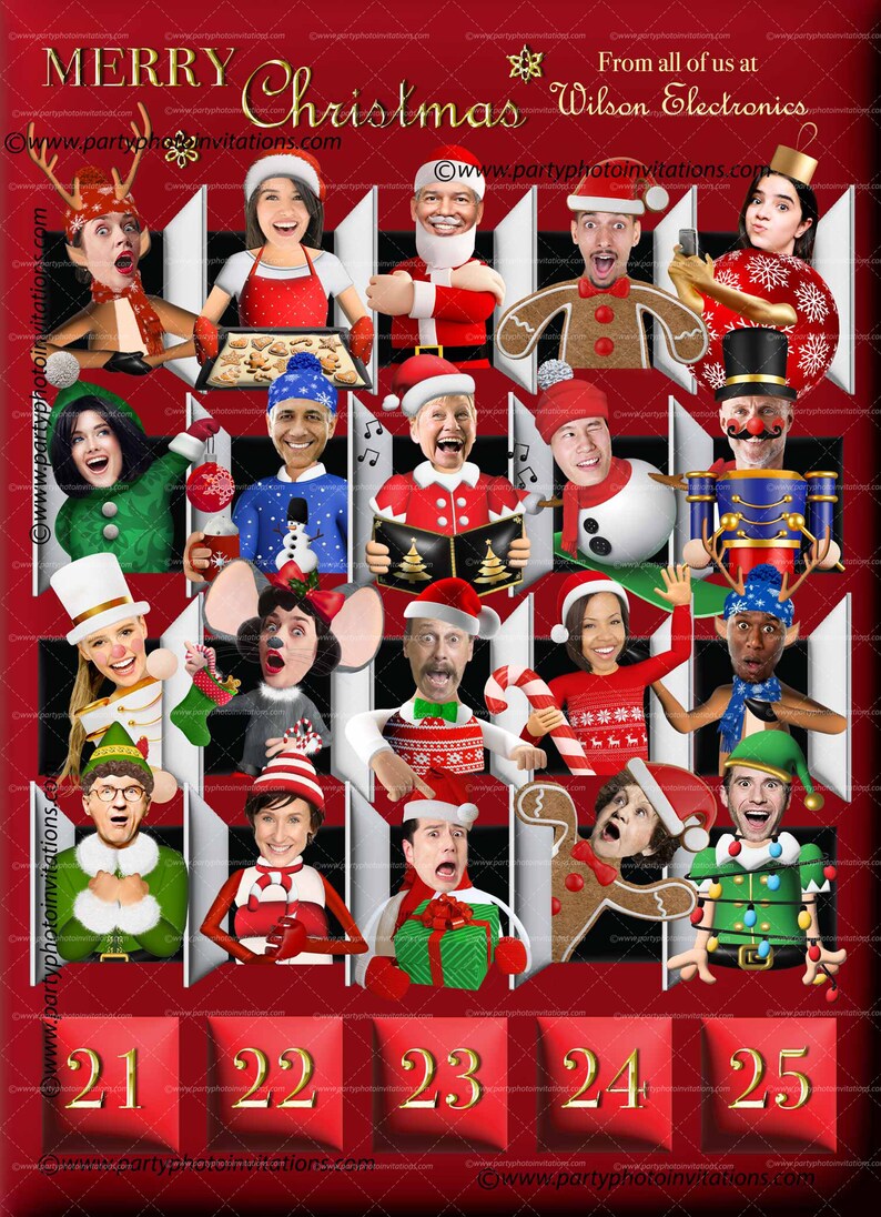 Puede incluir: Un calendario de adviento con tem&aacute;tica navide&ntilde;a con varios personajes disfrazados. El fondo rojo presenta el texto "MERRY Christmas" y "From all of us at Wilson Electronics". Los n&uacute;meros 21-25 se muestran en la parte inferior.