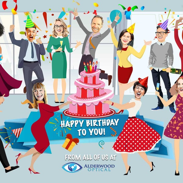 Group Birthday CARICATURE-YOUR FACES, Company Birthday Card, From the Staff Birthday Card, Business Birthday Card,Group Office Birthday card