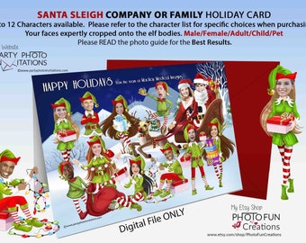 Tarjeta navideña de Papá Noel y sus elfos, retrato familiar (descarga digital)