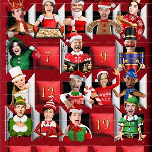 Puede incluir: Un calendario de adviento festivo con un fondo rojo y texto dorado que dice "HAPPY Holidays" y "From all of us at Wilson Electronics." El calendario presenta 25 cuadrados numerados con varios personajes tem&aacute;ticos de vacaciones.