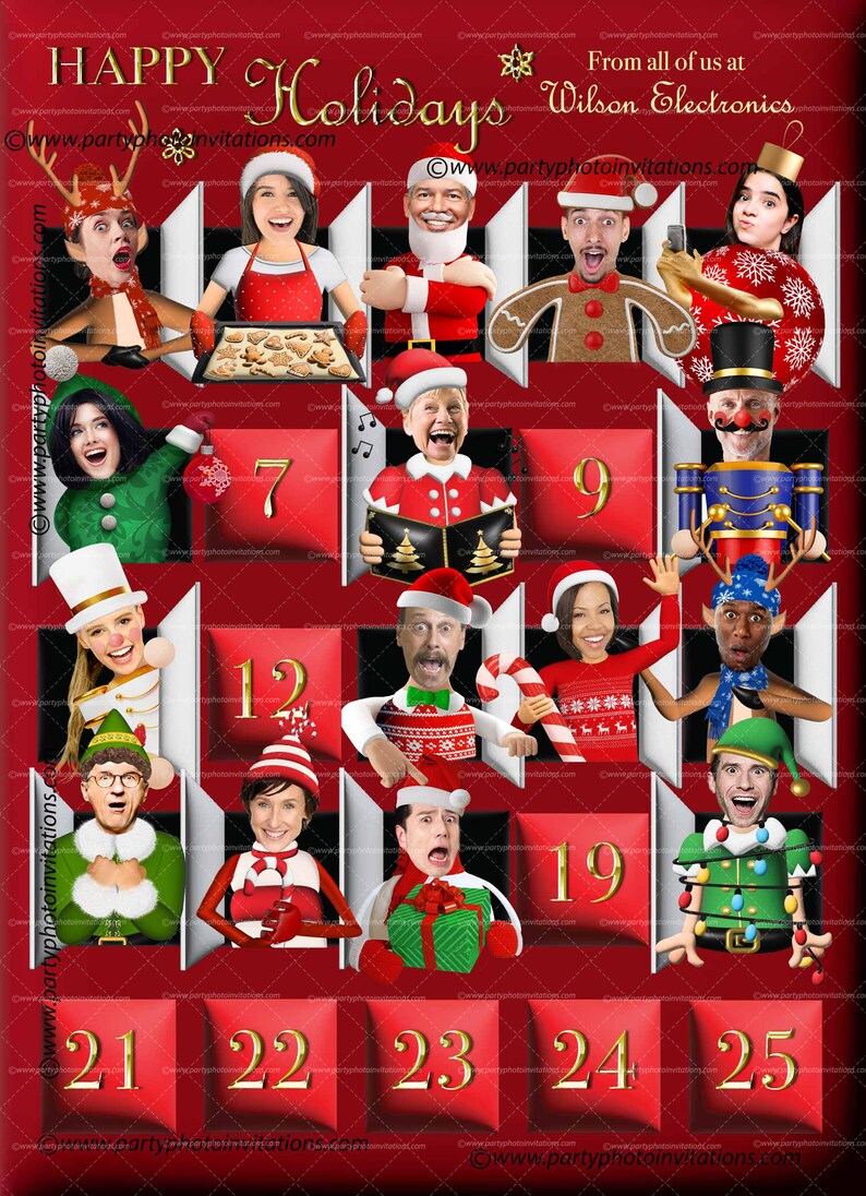 Puede incluir: Un calendario de adviento festivo con un fondo rojo y texto dorado que dice "HAPPY Holidays" y "From all of us at Wilson Electronics." El calendario presenta 25 cuadrados numerados con varios personajes tem&aacute;ticos de vacaciones.