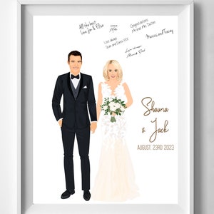 Alternativa al libro de visitas de boda, Ilustración de pareja de retratos, dibujo de dibujos animados, Regalo de aniversario, Libro de visitas con ramo de novia