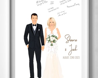 Wedding Guest Book Alternative, Portrait couple illustration, cartoon drawing,Anniversary gift, Guest Bookwith bridal bouquet