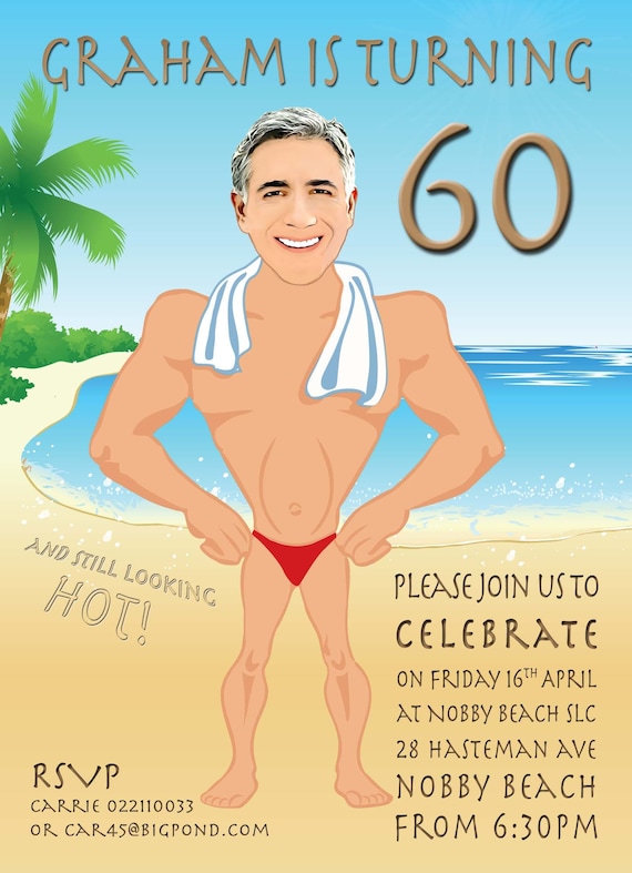 Body builder Invitation, Muscle man invitation, funny male beach invitation, Hawaiian birthday invitation, 40th male birthday, 50th, 60th Il_570xn