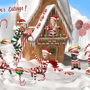 Kerstkaart met snoepgoed, familiefoto kerst, grappige familiepyjama kerstkaart, poseren niet vereist, lichamen verstrekt YOU_SUPPLY _THE_FACES