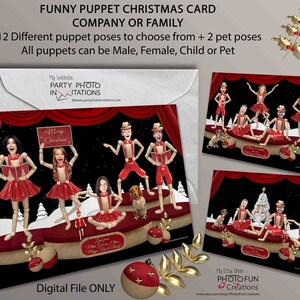 May include: A Christmas card design featuring puppet-like figures in red outfits on a stage. The card includes the text "FUNNY PUPPET CHRISTMAS CARD" and "Merry Christmas." The design offers various puppet poses and pet options.