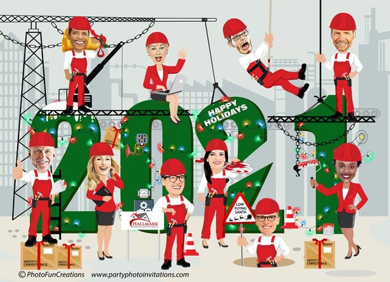 Construction Company Holiday Card, Photo Christmas Card, custom Company photo Holiday Card, YOUR FACES cropped onto the cartoon bodies Il_570xn