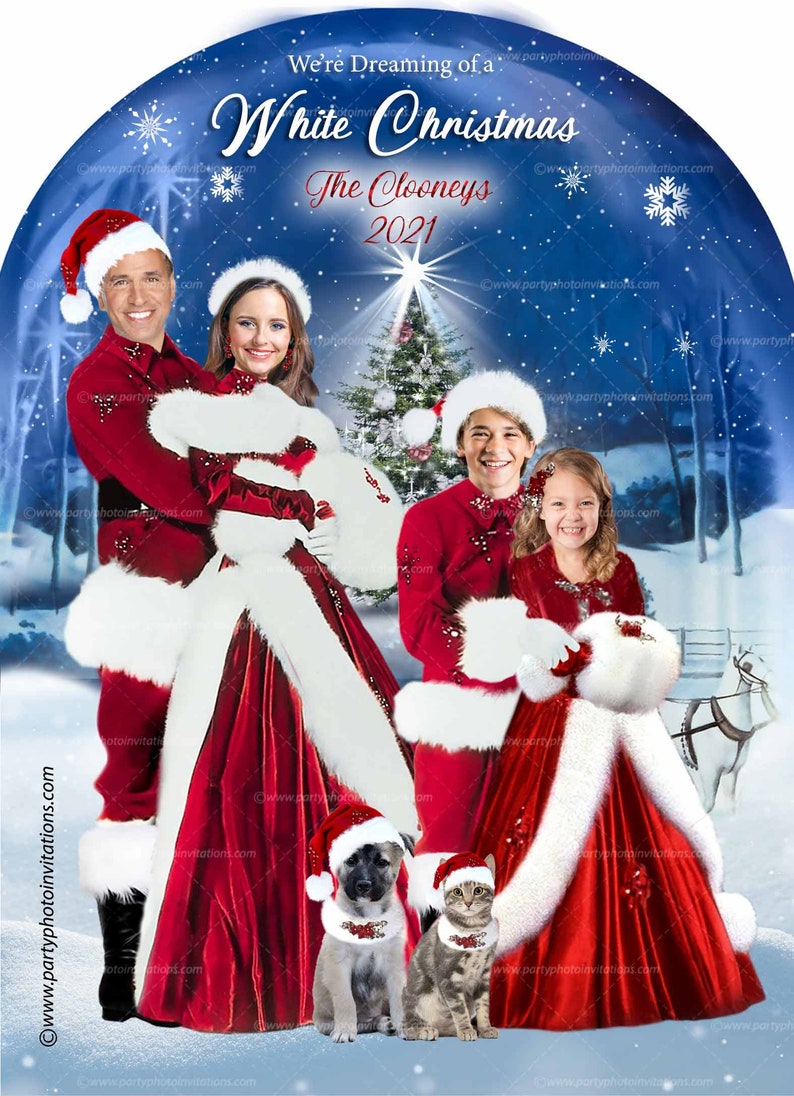 May include: A Christmas card featuring a family of four dressed in red and white Santa outfits, with a dog and cat wearing Santa hats. The card has a blue background with snowflakes and the text "We're Dreaming of a White Christmas The Clooneys 2021".