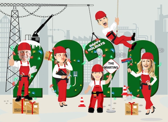 Funny Family Year Holiday Card, Photo Christmas Card, custom construction photo Holiday Card, YOUR FACES cropped onto the cartoon bodies Il_570xn