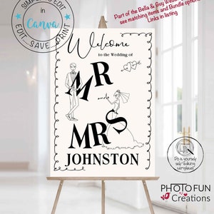 Hand Drawn Wedding Welcome Sign Template| Cute Couple Scribble Illustrations Reception Sign| Scribble Couple Welcome sign