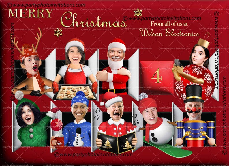 Puede incluir: Una invitaci&oacute;n digital con tem&aacute;tica navide&ntilde;a con las palabras "MERRY Christmas" en dorado. La invitaci&oacute;n presenta ilustraciones de dibujos animados de personas vestidas con atuendos festivos, con el texto "From all of us at Wilson Electronics".
