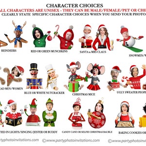 Puede incluir: Una imagen promocional que muestra varias opciones de personajes navide&ntilde;os. La imagen presenta ilustraciones de renos, elfos, Pap&aacute; Noel, mu&ntilde;ecos de nieve, hombres de jengibre, cascanueces, ratones y personas con su&eacute;teres feos. El texto en la parte superior dice "CHARACTER CHOICES".