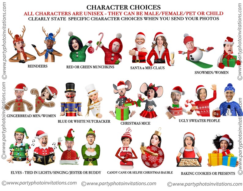 Puede incluir: Una imagen promocional que muestra varias opciones de personajes navide&ntilde;os. La imagen presenta ilustraciones de renos, elfos, Pap&aacute; Noel, mu&ntilde;ecos de nieve, hombres de jengibre, cascanueces, ratones y personas con su&eacute;teres feos. El texto en la parte superior dice "CHARACTER CHOICES".