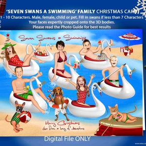 Natal na praia, 12 dias de Natal, Cartão de Natal ensolarado, Sete cisnes nadando, Cartão de Natal na praia em família, Doze dias de Natal