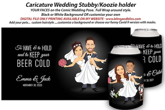 Full Colour Personalised Caricature Stubby Holder- Custom Wedding Favours, Funny Koozie holder, Wedding Favor, Wedding Caricature, Gift Il_570xn